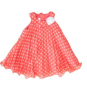 Toddler Girl Coral White Polka Dot Flower Sleeveless Pleat Flare Dress Size 12M